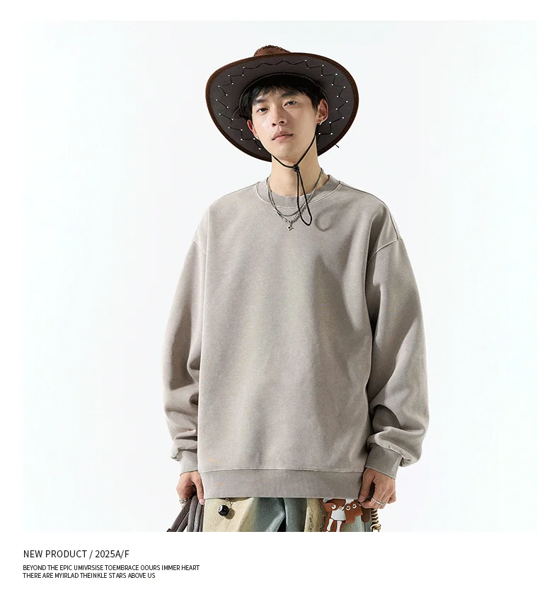 DUKEEN 400G Heavyweight Sweatshirt for Men 2025 Autumn Vintasge Style Washed-Out Solid Color Pullover Casual Men's Clothing