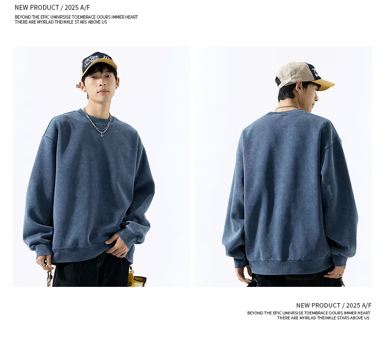 DUKEEN 400G Heavyweight Sweatshirt for Men 2025 Autumn Vintasge Style Washed-Out Solid Color Pullover Casual Men's Clothing