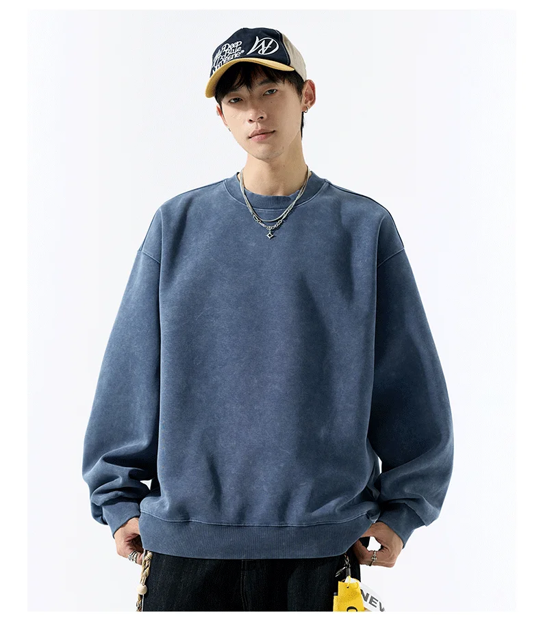 DUKEEN 400G Heavyweight Sweatshirt for Men 2025 Autumn Vintasge Style Washed-Out Solid Color Pullover Casual Men's Clothing