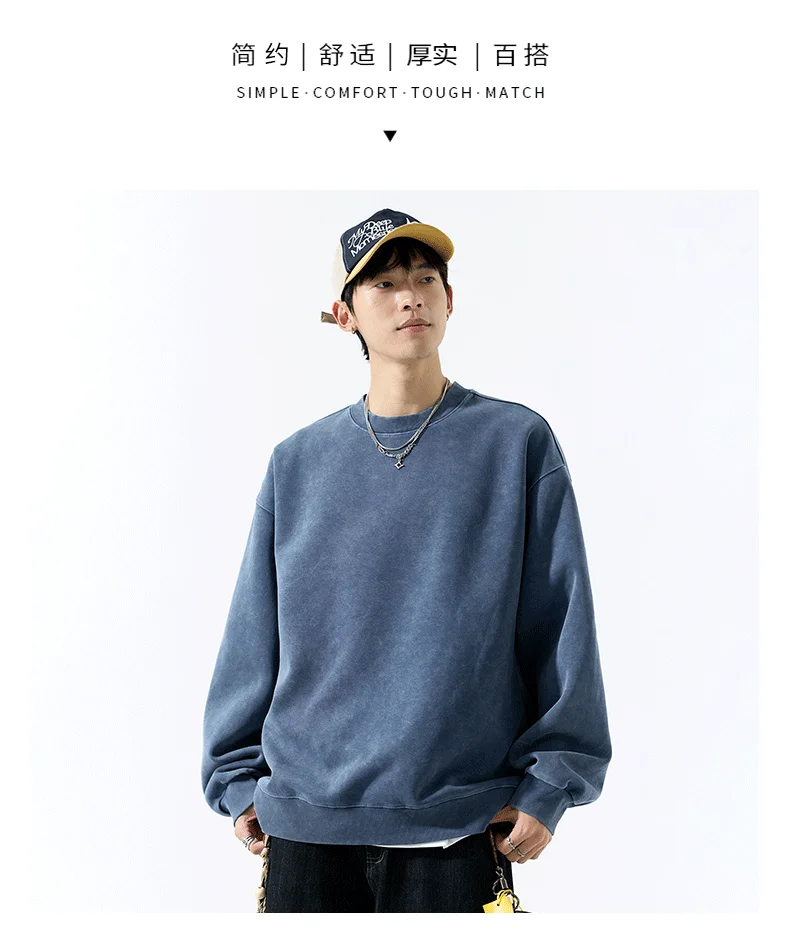 DUKEEN 400G Heavyweight Sweatshirt for Men 2025 Autumn Vintasge Style Washed-Out Solid Color Pullover Casual Men's Clothing