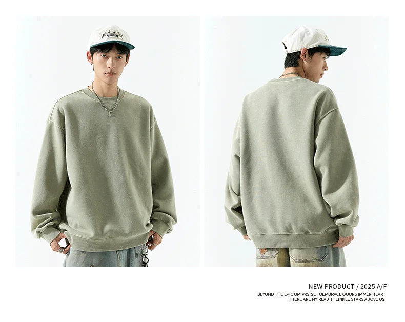 DUKEEN 400G Heavyweight Sweatshirt for Men 2025 Autumn Vintasge Style Washed-Out Solid Color Pullover Casual Men's Clothing