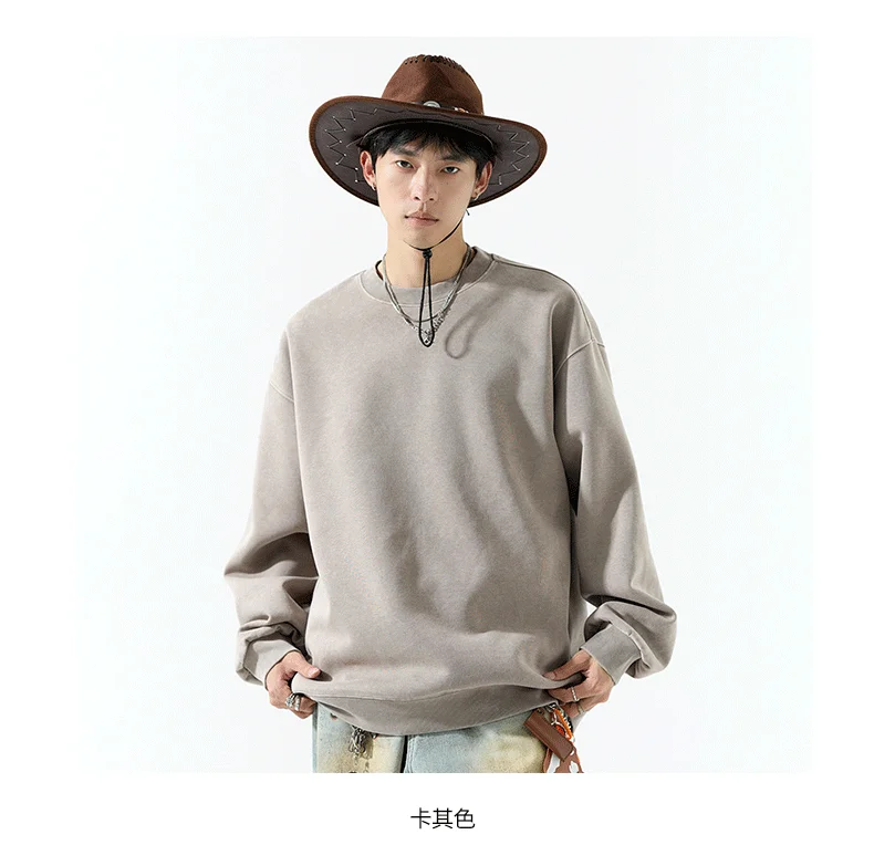 DUKEEN 400G Heavyweight Sweatshirt for Men 2025 Autumn Vintasge Style Washed-Out Solid Color Pullover Casual Men's Clothing