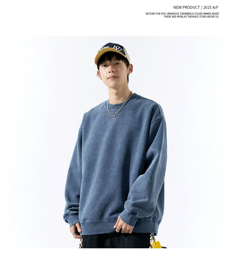 DUKEEN 400G Heavyweight Sweatshirt for Men 2025 Autumn Vintasge Style Washed-Out Solid Color Pullover Casual Men's Clothing