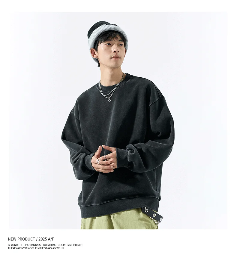 DUKEEN 400G Heavyweight Sweatshirt for Men 2025 Autumn Vintasge Style Washed-Out Solid Color Pullover Casual Men's Clothing