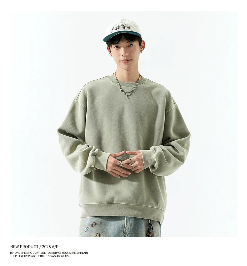 DUKEEN 400G Heavyweight Sweatshirt for Men 2025 Autumn Vintasge Style Washed-Out Solid Color Pullover Casual Men's Clothing