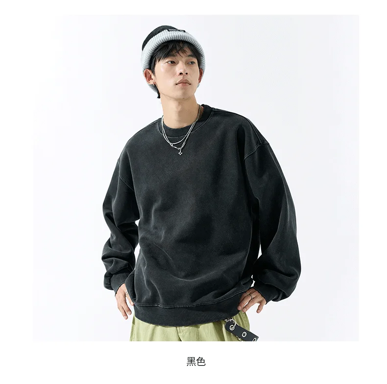 DUKEEN 400G Heavyweight Sweatshirt for Men 2025 Autumn Vintasge Style Washed-Out Solid Color Pullover Casual Men's Clothing