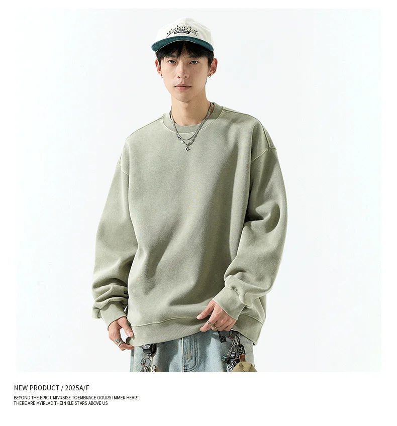 DUKEEN 400G Heavyweight Sweatshirt for Men 2025 Autumn Vintasge Style Washed-Out Solid Color Pullover Casual Men's Clothing
