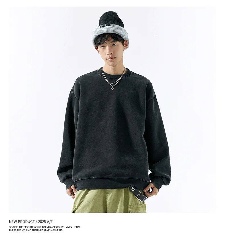 DUKEEN 400G Heavyweight Sweatshirt for Men 2025 Autumn Vintasge Style Washed-Out Solid Color Pullover Casual Men's Clothing