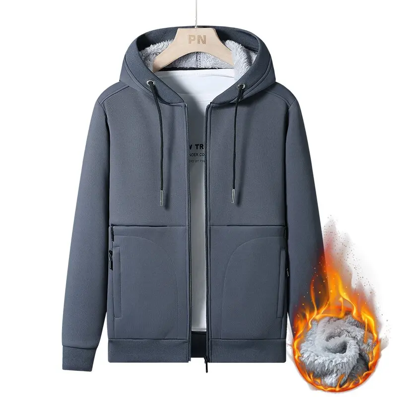 New Autumn/Winter Fashion Solid Color Outdoor Sports Fleece-Lined Thickened Warm Hoodie Men's Casual Loose High-Quality Jacket