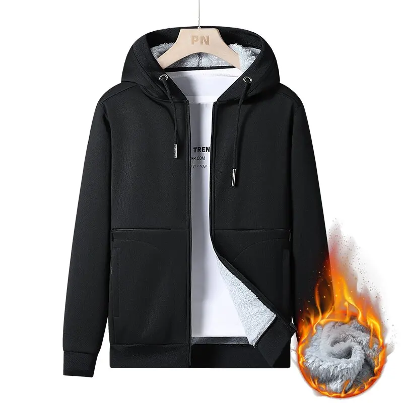 New Autumn/Winter Fashion Solid Color Outdoor Sports Fleece-Lined Thickened Warm Hoodie Men's Casual Loose High-Quality Jacket