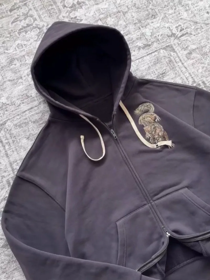 2026 New Retro Tiger Embroidered Zipper Hoodie Coat American Y2k Men's High Street Casual Loose Hoodie Jacket Streetwear