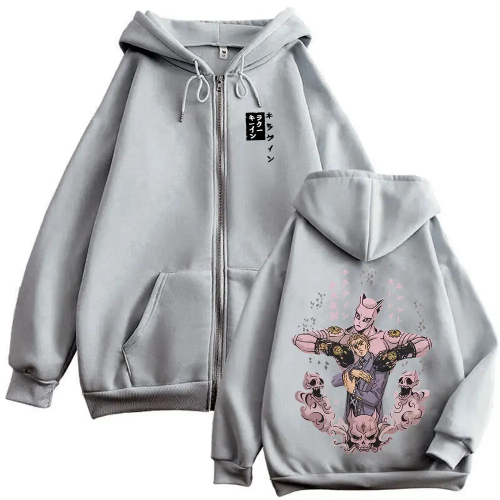 Anime JoJo's Bizarre Adventure Kira Yoshikage Killer Queen Graphic Zipper Hoodie Men Women Manga Casual Oversized Zip Up Jacket
