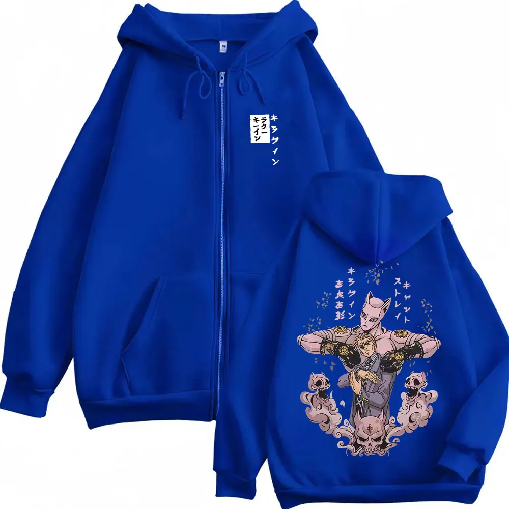 Anime JoJo's Bizarre Adventure Kira Yoshikage Killer Queen Graphic Zipper Hoodie Men Women Manga Casual Oversized Zip Up Jacket