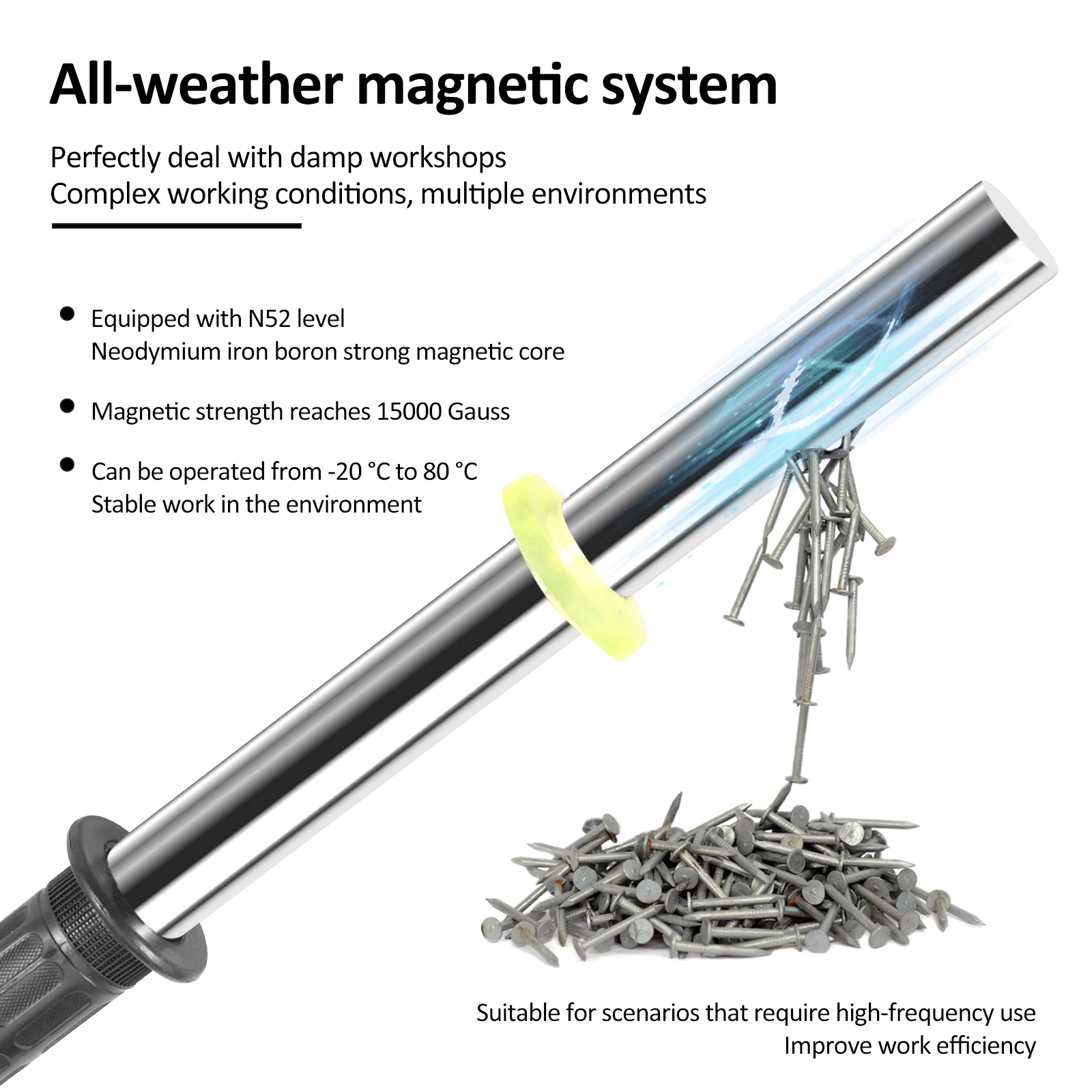 Iron Remover Magnets Retrieving Baton with Handle Absorber Silver NdFeB Pick Up Rod for Pickup Nails Screws and Metal Scraps
