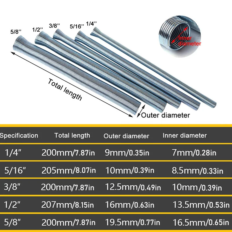 5pcs Premium Outside Style Spring Copper Tube Benders Manual Internal Folding Bending Line Pipe for O.D. 1/4" To 5/8" Pipes