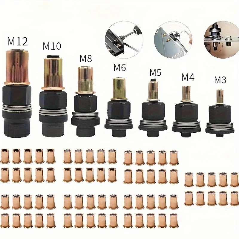 77pcs Manual Riveting Tool Set, 7 Sizes M3-M12 with 70 Rivet Nuts, Heavy-Duty Metal Gun for Automotive, Industrial & Welding
