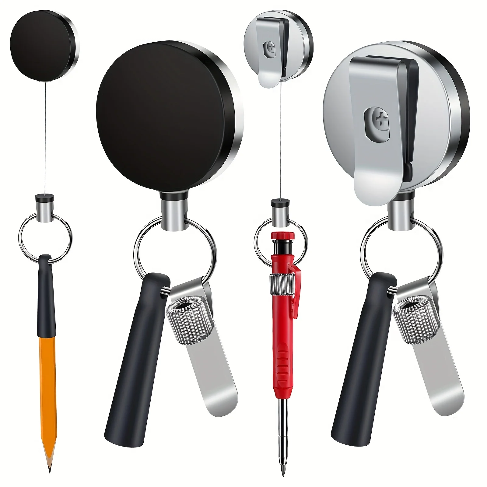 2pcs 23.6" Steel Wire Retractable Pen Holder, Heavy Duty Silicone & Metal Clip for Carpenters, Nurses, Construction, Waitstaff