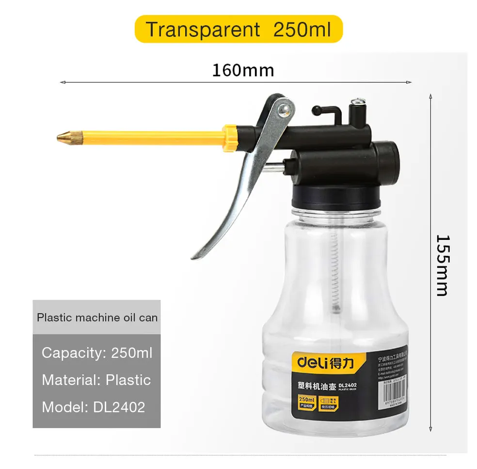 Deli Clear Oil Can High Pressure Oiler Grease Gun Extended Sprinkler Plastic Oil Pump Cans Mini Home Injector Can 180-500ml