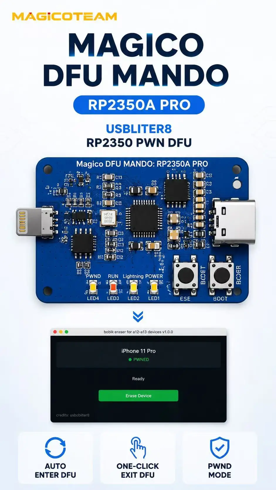 Magico DFU Mando RP2350A Pro Auto PWND Purple Mode Remote DFU Tool for iPhone XR‑11PM A12 A13