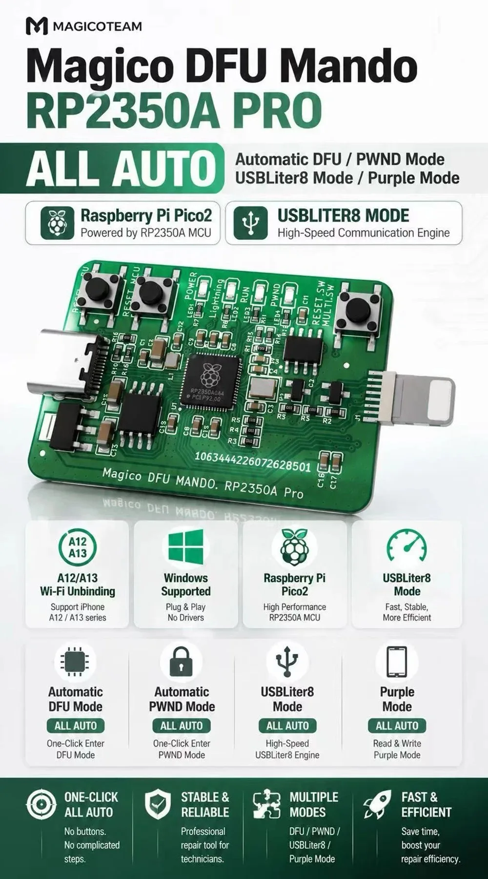 Magico DFU Mando RP2350A Pro Auto PWND Purple Mode Remote DFU Tool for iPhone XR‑11PM A12 A13