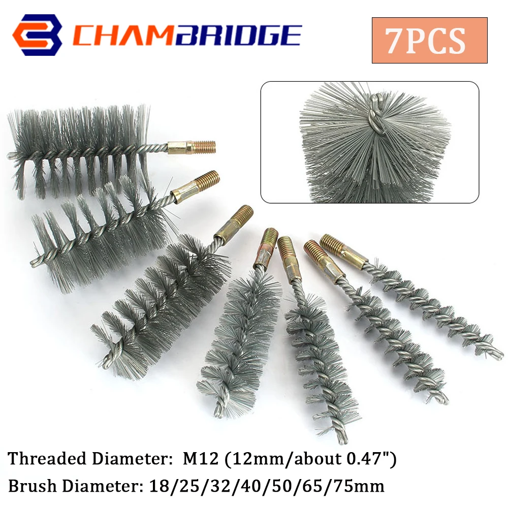 M12 Thread Wire Brush Metal Handle 18/22/25/32/40/50/65/75mm Brush Working Stainless Steel Wire Pipe Tube Cleaning Chimney Brush