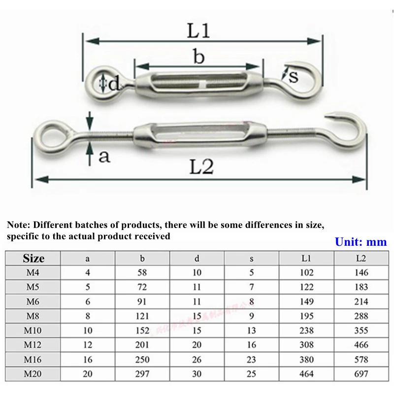 M5~M24 Turnbuckle 304 Stainless Steel Wire Rope Tension Device Shading Net Tarpaulin Installation DIY Tools Flange Bolt Hook