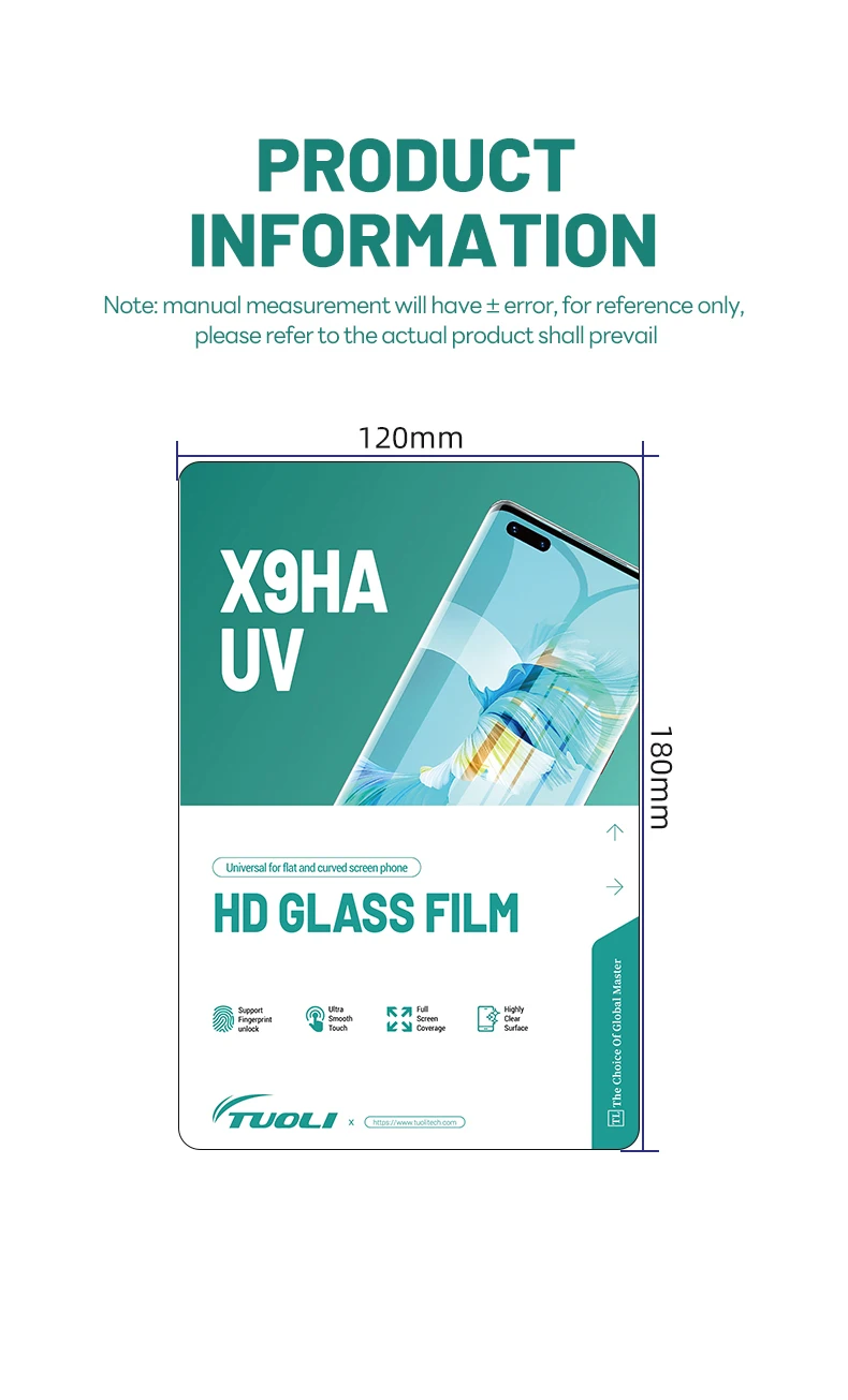 TUOLI 50pcs X9HA HD Protector Film Nano Liquid Uv Glue Tempered Glass Curing Clear Curved Screen Universal Any Type Mobile Phone