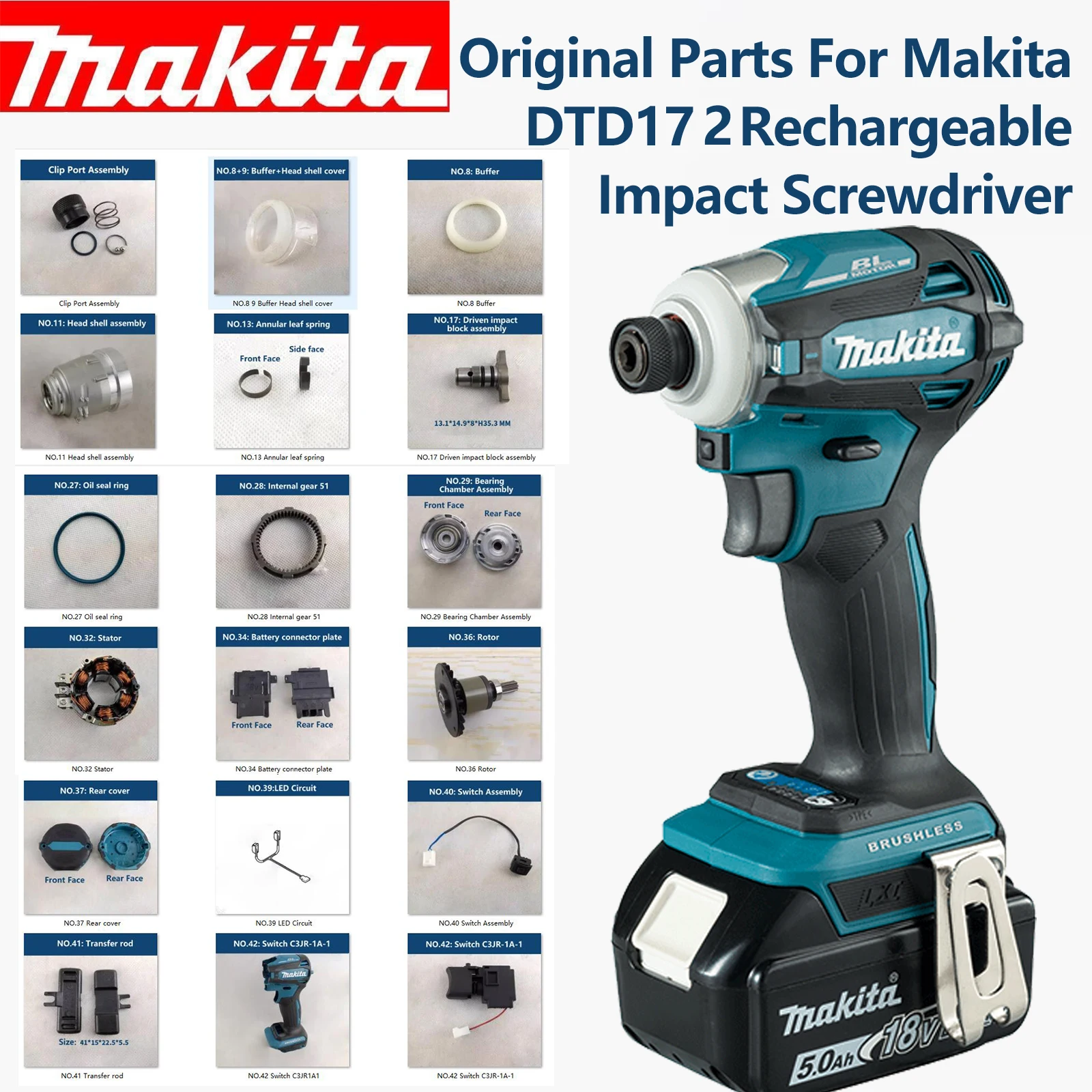 Original Makita Parts Switch Assembly Transfer Rod Hammer Box Assembly Stator For Makita DTD172 Rechargeable Impact Screwdriver