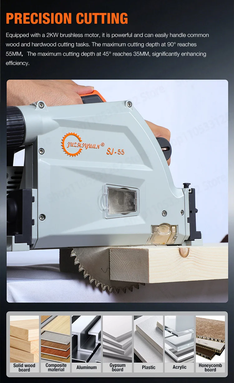 110V SJ-55 Brushless Track Saw 2KW 55mm Depth 6470RPM 6-Speed Plunge Saw for Wood Aluminum Plastic Dust Free with Quick Safety