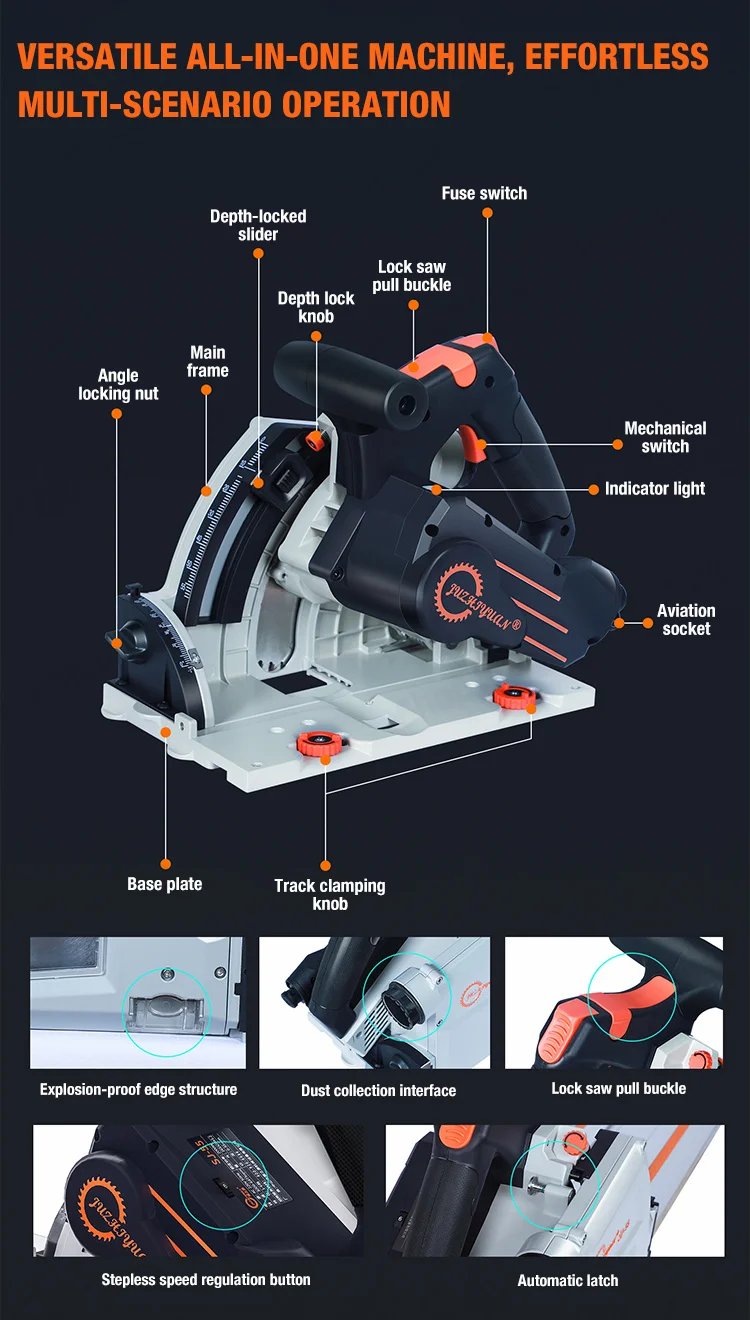 110V SJ-55 Brushless Track Saw 2KW 55mm Depth 6470RPM 6-Speed Plunge Saw for Wood Aluminum Plastic Dust Free with Quick Safety