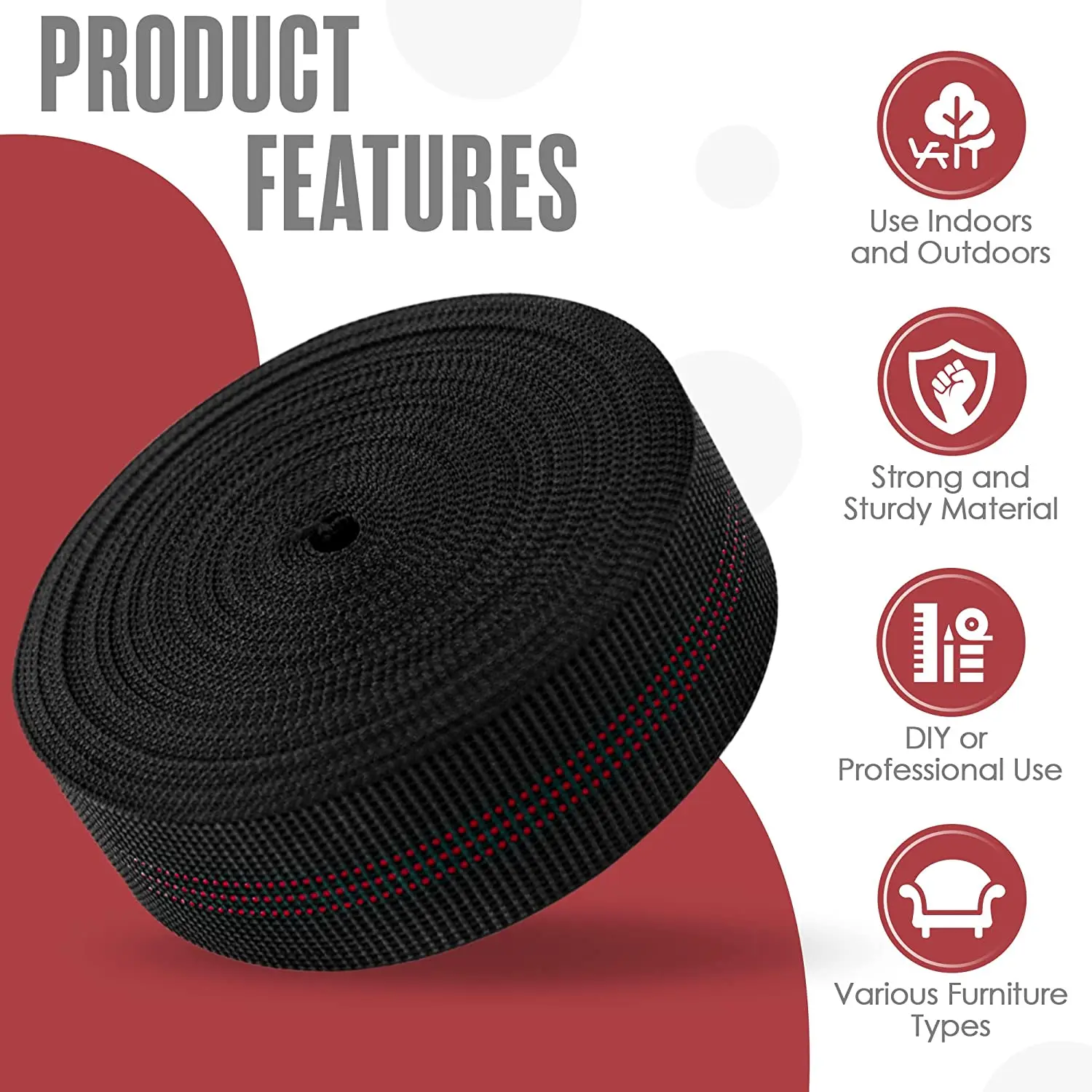 Black Chair Webbing, Elastic, Elasbelt, 2" Wide, Forty 36Ft /472inch/1200cm Roll, Latex, Band, Repair and Modification