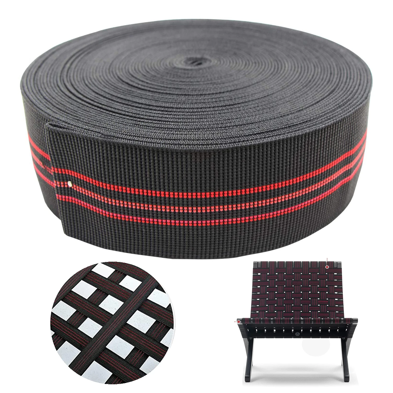 Black Chair Webbing, Elastic, Elasbelt, 2" Wide, Forty 36Ft /472inch/1200cm Roll, Latex, Band, Repair and Modification