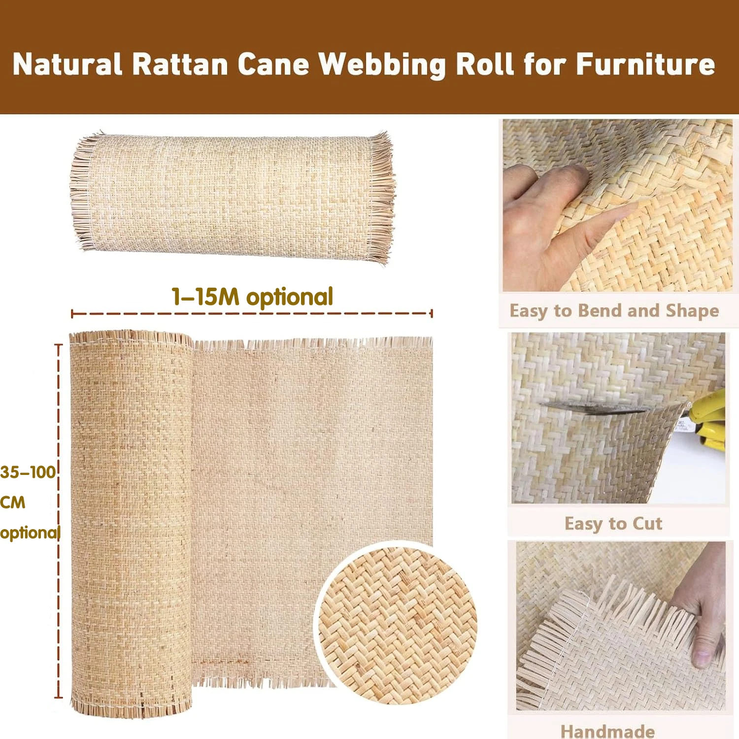 Cane Webbing 35/40/45/50cm Width Rattan Roll, Large Size Natural Rattan webbing Caning material Rattan fabric for Furniture DIY