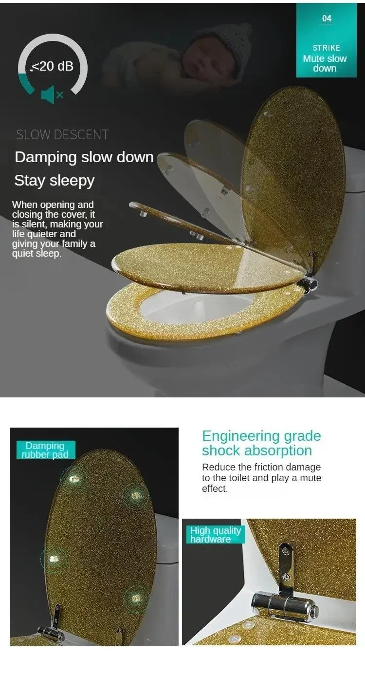 Premium Golden Resin Toilet Seat Cover with Soft-Close Stainless Steel Hinges – Universal Fit for U, V, and O-Shaped Toilets