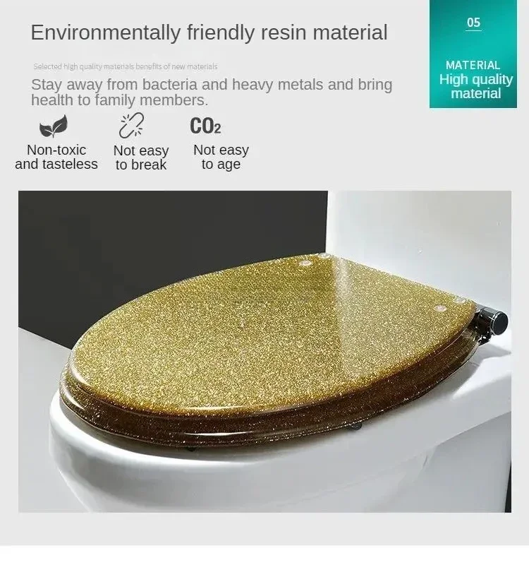 Premium Golden Resin Toilet Seat Cover with Soft-Close Stainless Steel Hinges – Universal Fit for U, V, and O-Shaped Toilets