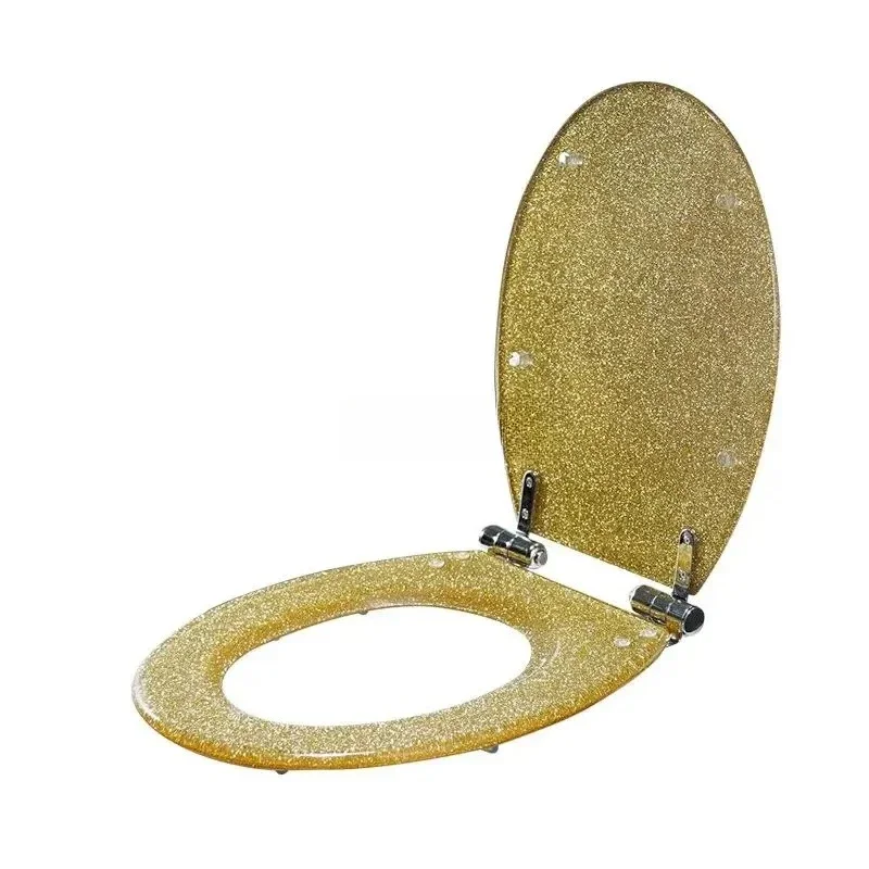 Premium Golden Resin Toilet Seat Cover with Soft-Close Stainless Steel Hinges – Universal Fit for U, V, and O-Shaped Toilets