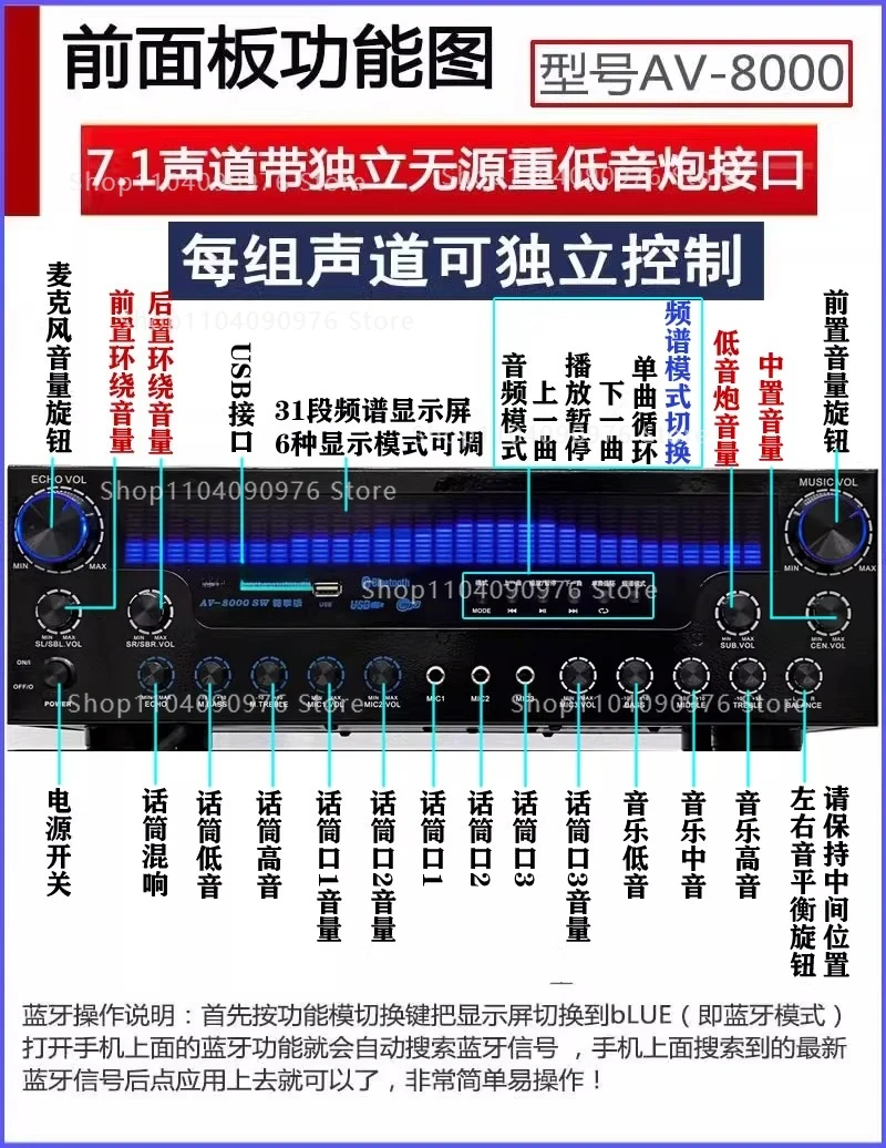 7.1 Channel High Power Bluetooth Home Theater Amplifier for KTV Surround Sound 2000W