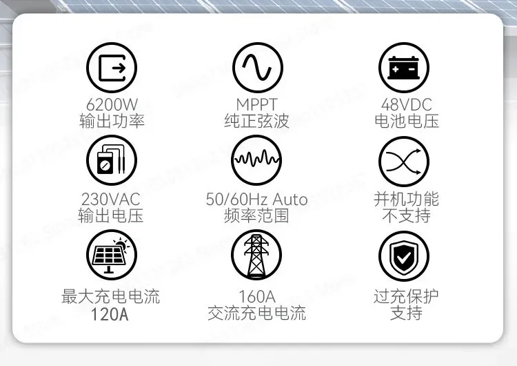 4.2KW 6.2KW 230V Solar Hybrid Inverter Grid Tie Off Grid All in One Battery Optional AC Backup