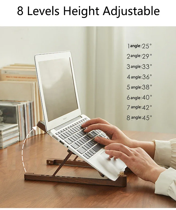 Foldable Wooden Laptop Stand with 8-Height Adjustment for MacBook Air/Pro, 11–17 Inch Portable Computer Holder
