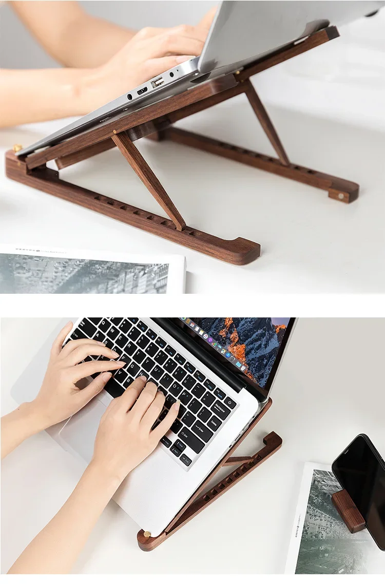 Foldable Wooden Laptop Stand with 8-Height Adjustment for MacBook Air/Pro, 11–17 Inch Portable Computer Holder