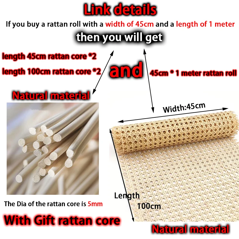 40/45/50/55cmWidth Rattan Roll, Natural Caning Material, Rattan Cane Webbing Roll Fabric Rattan Material for Furniture Gift Core