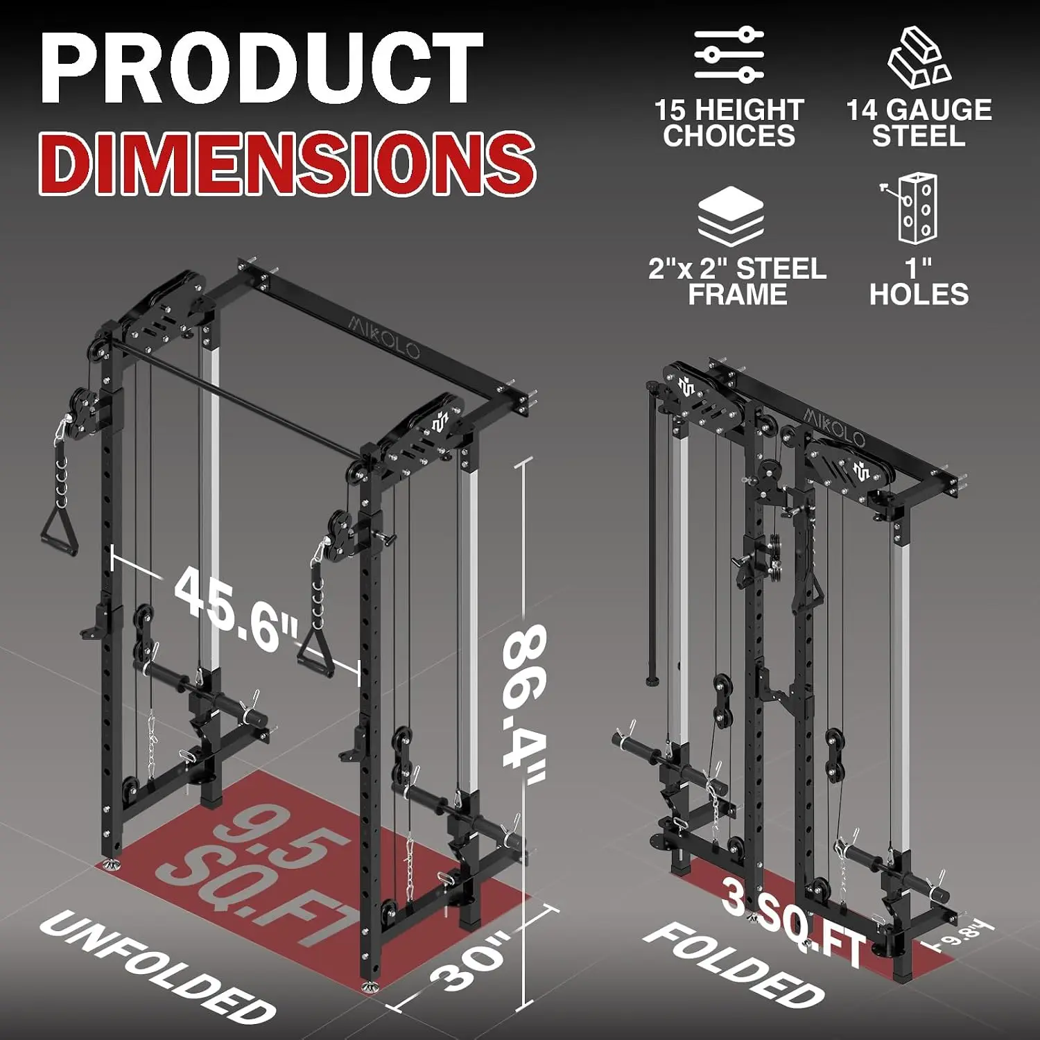 Folding Squat Rack, Wall Mounted Power Rack with Cable Crossover Machine & LAT Pull Down, Functional Trainer with 5, Customized