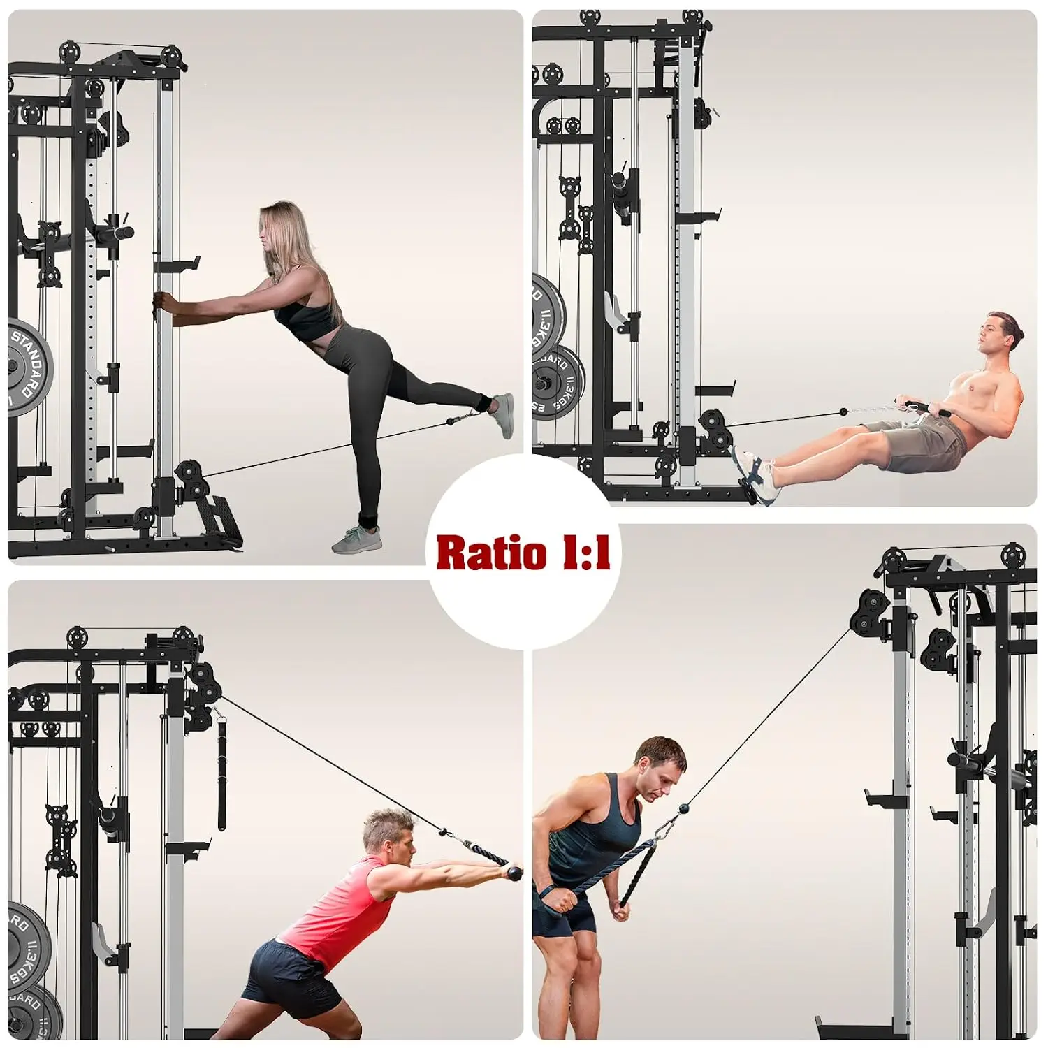 Smith Machine, Multifunctional Power Cage Rack with Smith Bar and Cable Pulley System, and LAT Pull Down Machine, Customized