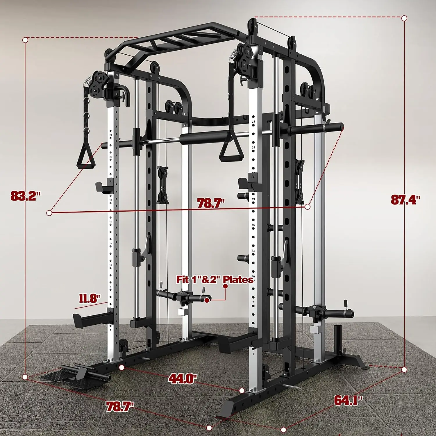 Smith Machine, Multifunctional Power Cage Rack with Smith Bar and Cable Pulley System, and LAT Pull Down Machine, Customized
