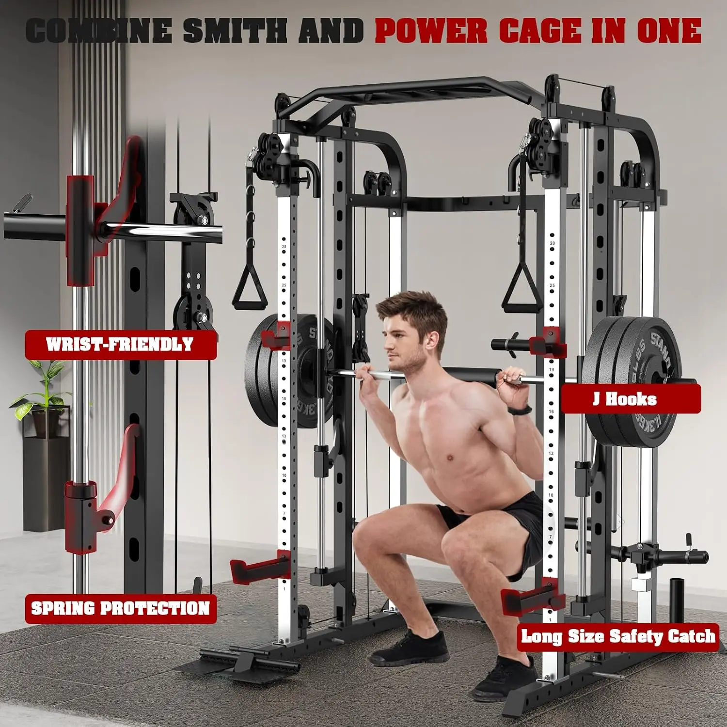 Smith Machine, Multifunctional Power Cage Rack with Smith Bar and Cable Pulley System, and LAT Pull Down Machine, Customized