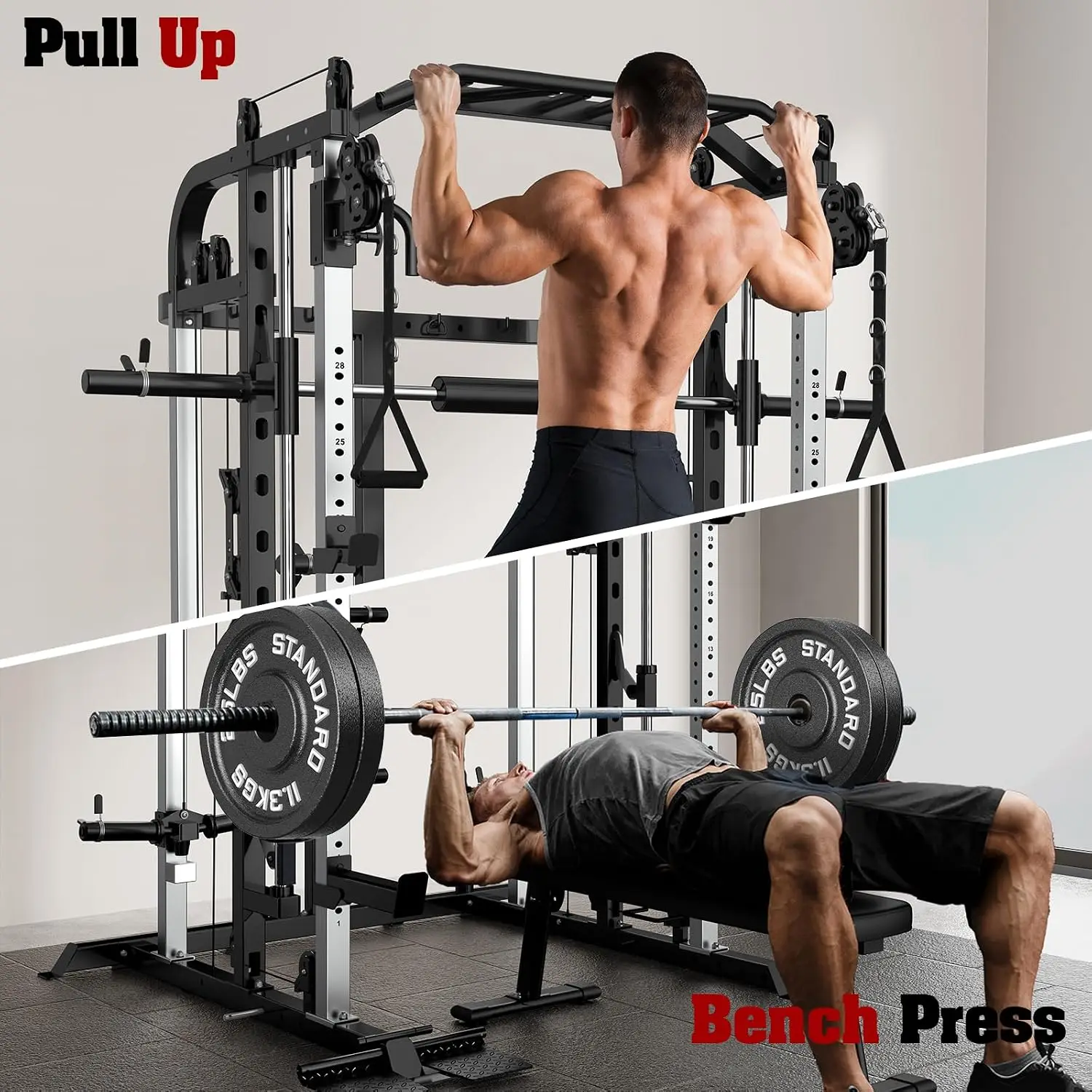 Smith Machine, Multifunctional Power Cage Rack with Smith Bar and Cable Pulley System, and LAT Pull Down Machine, Customized