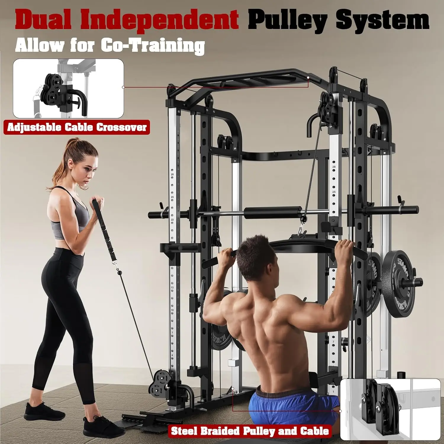 Smith Machine, Multifunctional Power Cage Rack with Smith Bar and Cable Pulley System, and LAT Pull Down Machine, Customized