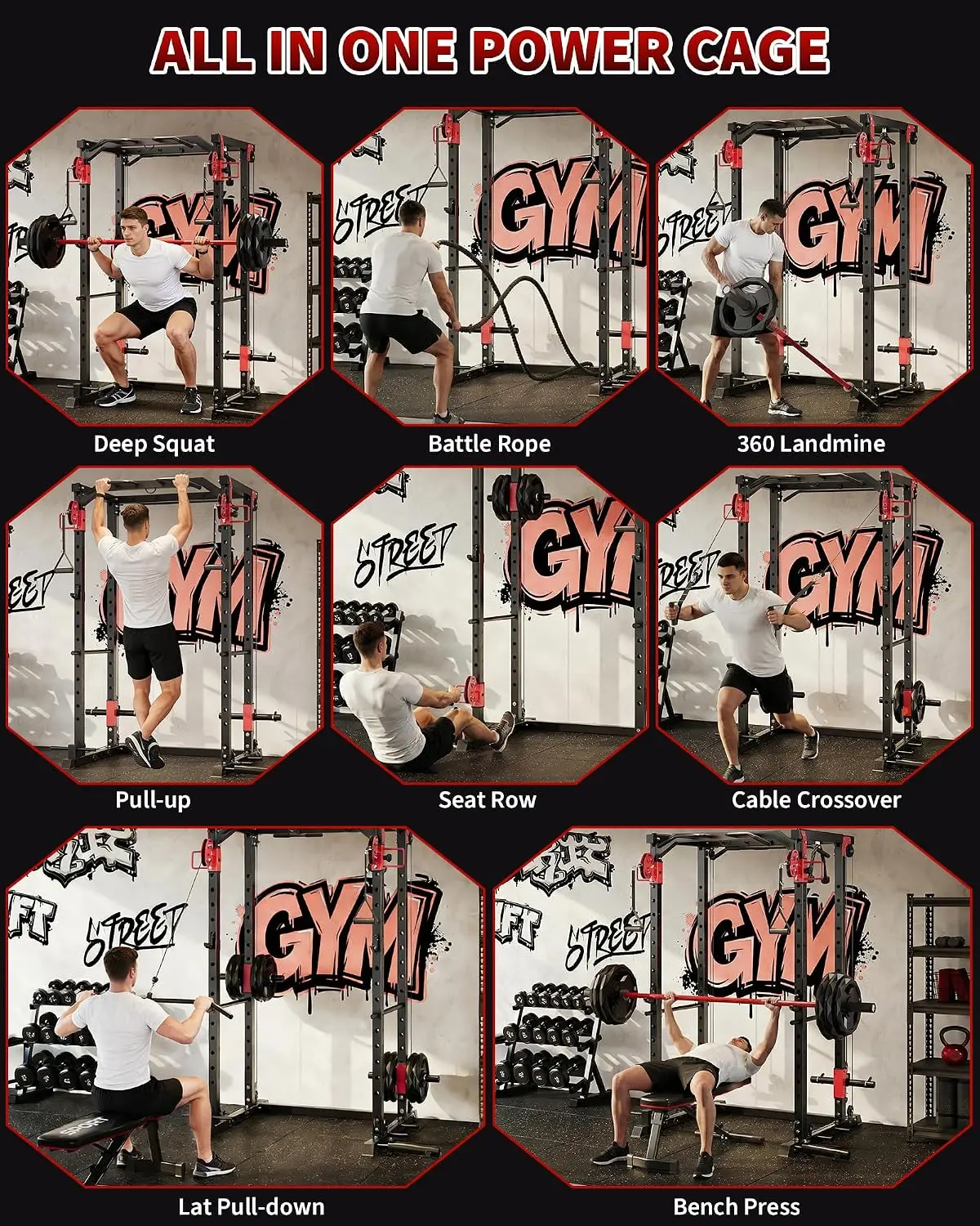 Power Cage with Dual Pulley System, 1600LB Multi-Function Squat Rack | Cable Crossover & LAT Pull Down, All-in-One, Customized
