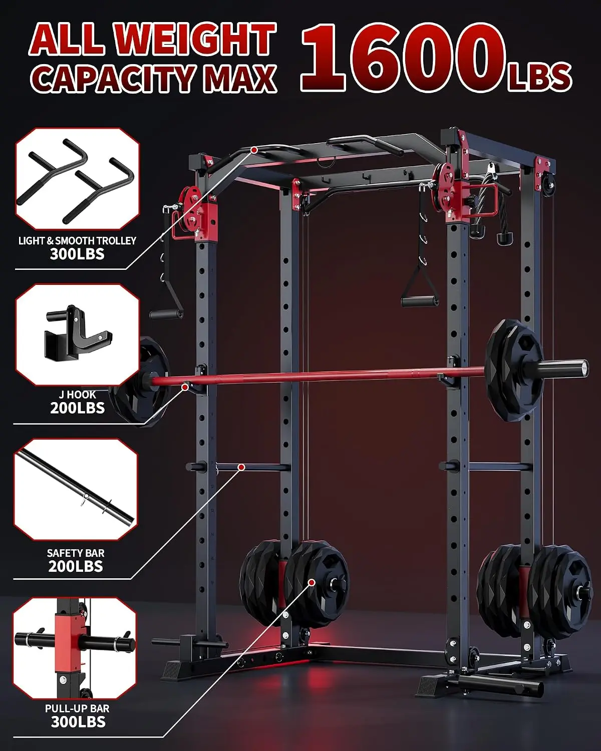 Power Cage with Dual Pulley System, 1600LB Multi-Function Squat Rack | Cable Crossover & LAT Pull Down, All-in-One, Customized