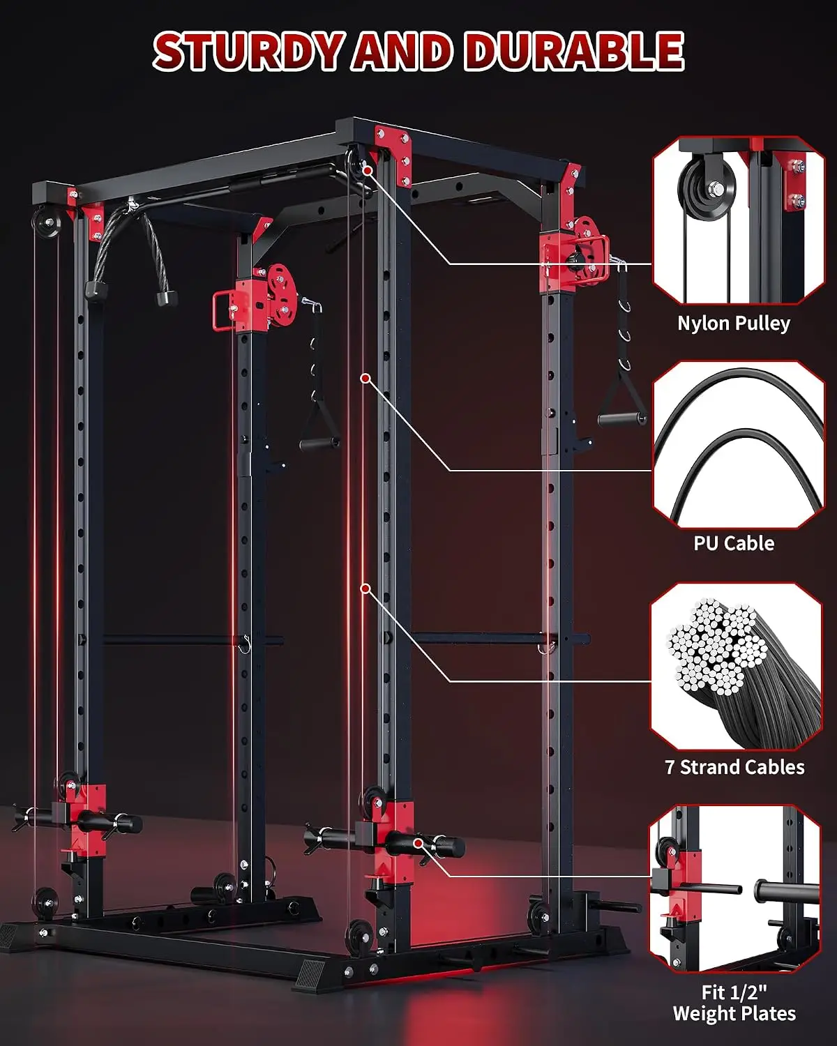 Power Cage with Dual Pulley System, 1600LB Multi-Function Squat Rack | Cable Crossover & LAT Pull Down, All-in-One, Customized